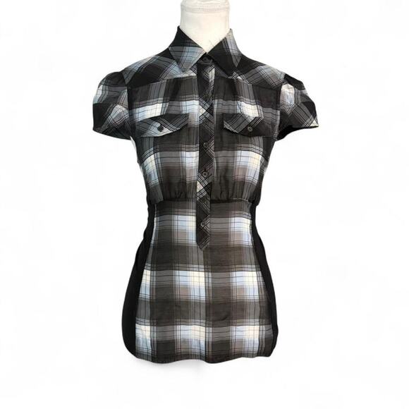 BCBGMaxAzria Tops - BCBG Maxazria Y2K Office Siren Plaid Polo short sleeve full length size small